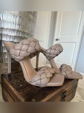 Steve Madden Braided Double-Strap Heeled Sandals in Taupe